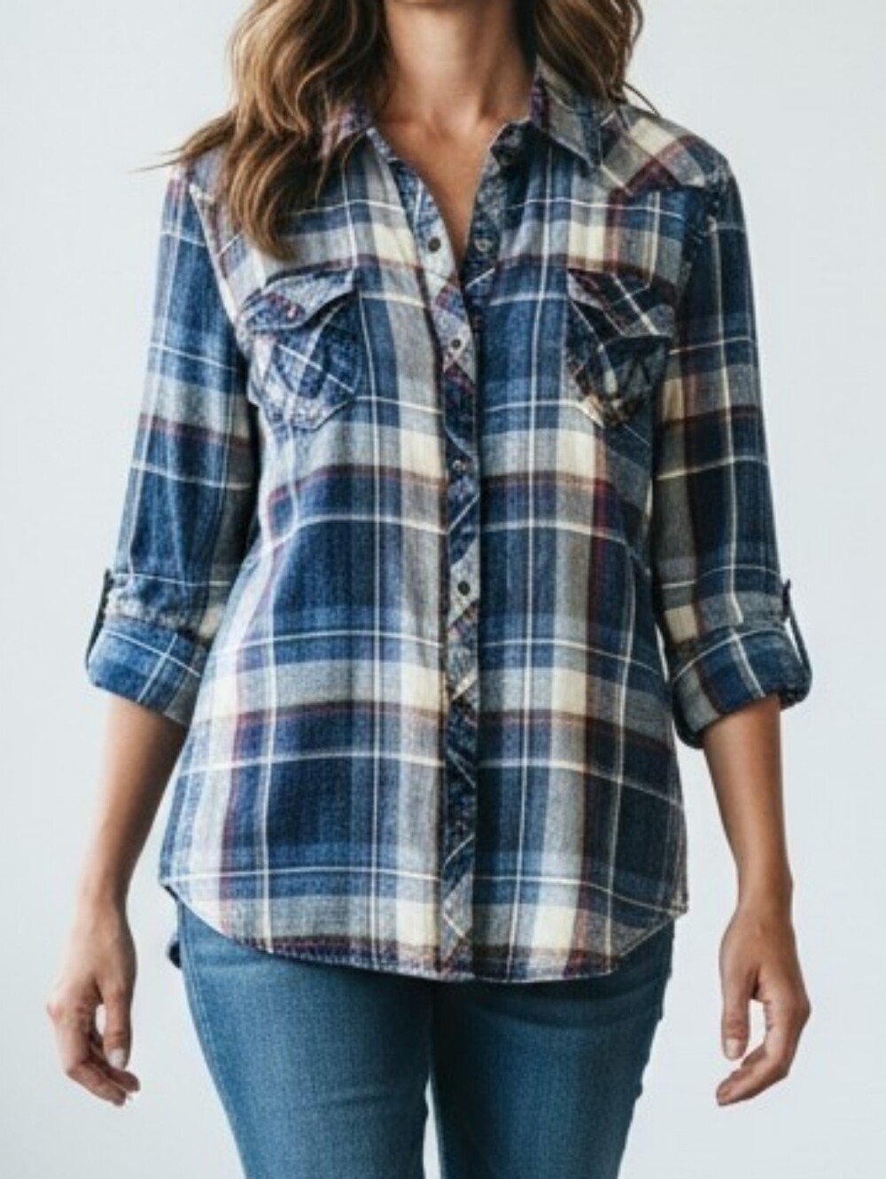 True Religion Blue Plaid Button-Down Shirt With Snaps And 2 Chest Pockets S